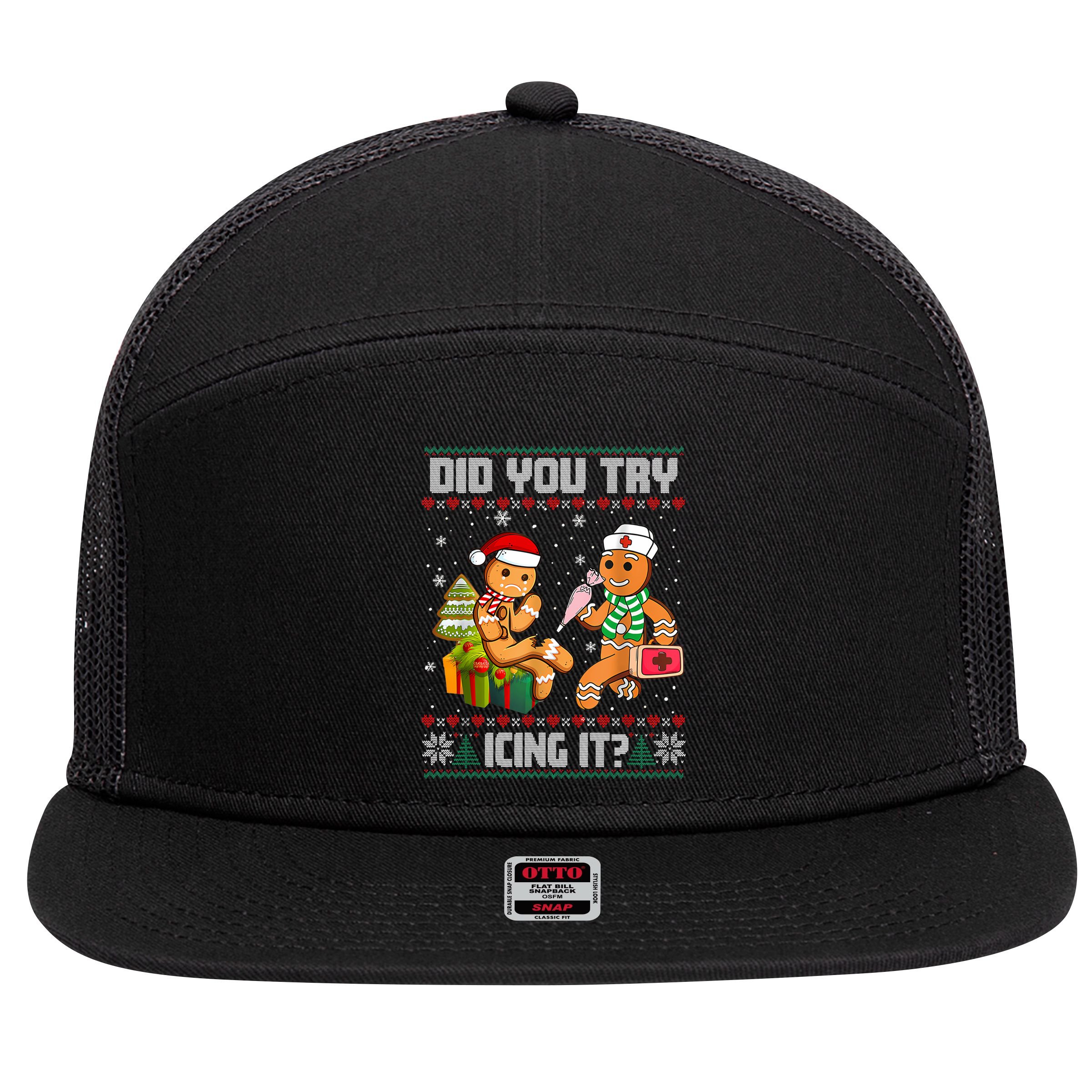 Did You Try Icing It Funny Gingerbread Christmas Holiday 7 Panel Mesh Trucker Snapback Hat