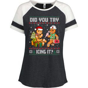 Did You Try Icing It Funny Gingerbread Christmas Holiday Enza Ladies Jersey Colorblock Tee