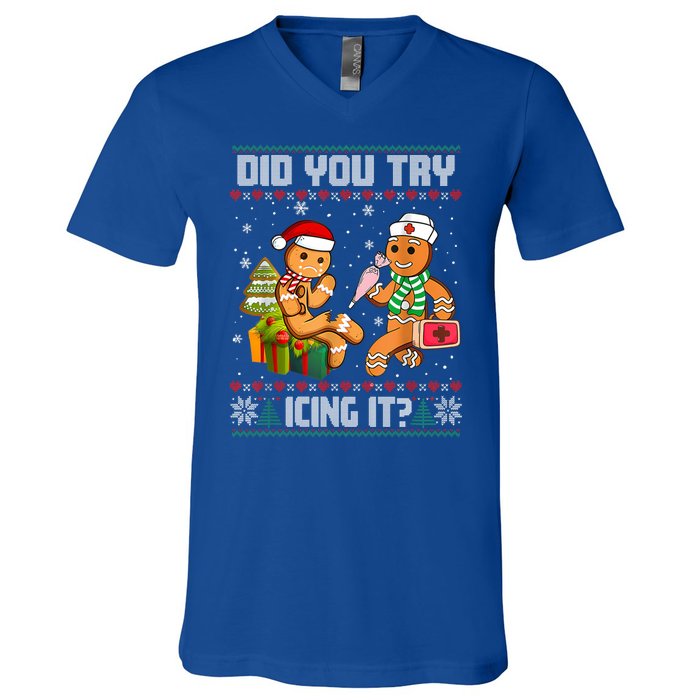 Did You Try Icing It Funny Gingerbread Christmas Holiday V-Neck T-Shirt