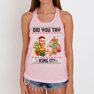 Did You Try Icing It Funny Gingerbread Christmas Holiday Women's Knotted Racerback Tank