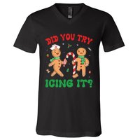 Did You Try Icing It Retro Christmas Gingerbread Nurse Squad V-Neck T-Shirt