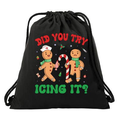 Did You Try Icing It Retro Christmas Gingerbread Nurse Squad Drawstring Bag