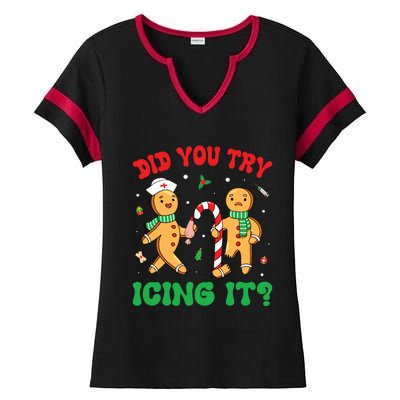 Did You Try Icing It Retro Christmas Gingerbread Nurse Squad Ladies Halftime Notch Neck Tee