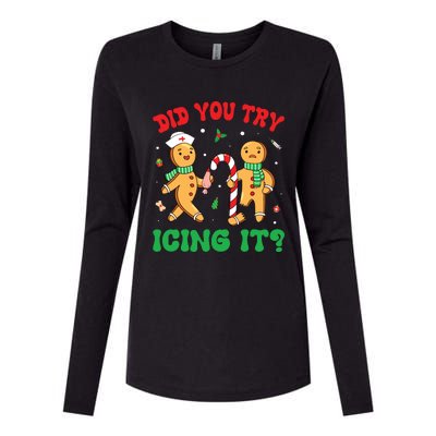 Did You Try Icing It Retro Christmas Gingerbread Nurse Squad Womens Cotton Relaxed Long Sleeve T-Shirt