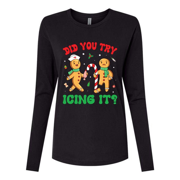 Did You Try Icing It Retro Christmas Gingerbread Nurse Squad Womens Cotton Relaxed Long Sleeve T-Shirt