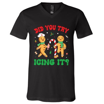 Did You Try Icing It Retro Christmas Gingerbread Nurse Squad V-Neck T-Shirt