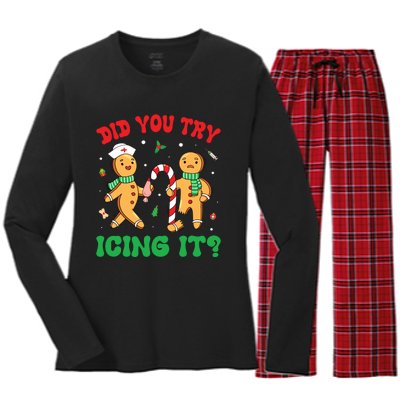 Did You Try Icing It Retro Christmas Gingerbread Nurse Squad Women's Long Sleeve Flannel Pajama Set 