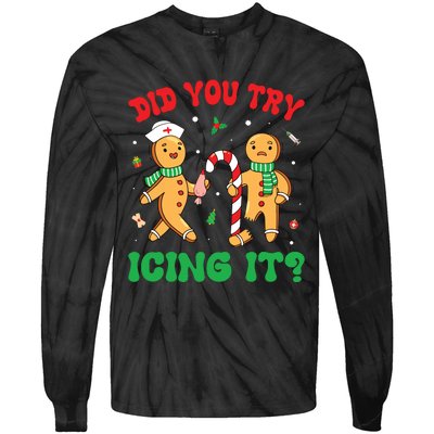 Did You Try Icing It Retro Christmas Gingerbread Nurse Squad Tie-Dye Long Sleeve Shirt