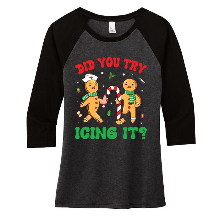 Did You Try Icing It Retro Christmas Gingerbread Nurse Squad Women's Tri-Blend 3/4-Sleeve Raglan Shirt