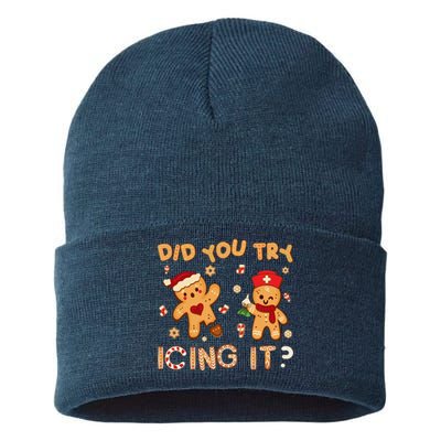 Did You Try Icing It Christmas School Nurse Emergency Nurse Sustainable Knit Beanie