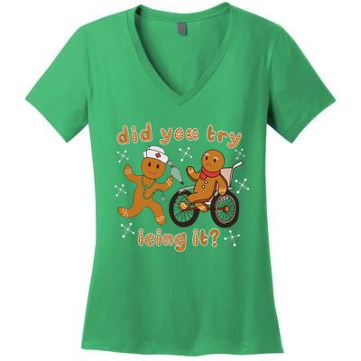 Did You Try Icing It Funny Gingerbread Nurse Christmas Xmas Women's V-Neck T-Shirt