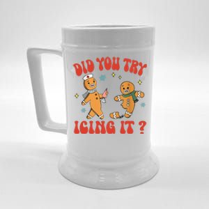 Did You Try Icing It Funny Christmas Nurse Gingerbread Man  Beer Stein