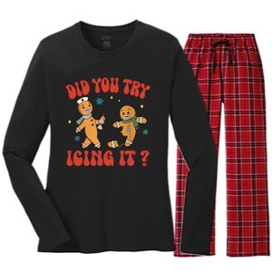 Did You Try Icing It Funny Christmas Nurse Gingerbread Man Women's Long Sleeve Flannel Pajama Set 