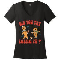 Did You Try Icing It Funny Christmas Nurse Gingerbread Man Women's V-Neck T-Shirt