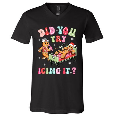 Did You Try Icing It Gingerbread Nurse Christmas Pajamas V-Neck T-Shirt