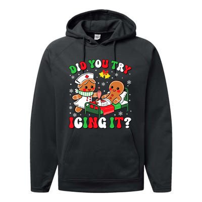 Did You Try Icing It Retro Christmas Gingerbread Nurse Squad Performance Fleece Hoodie