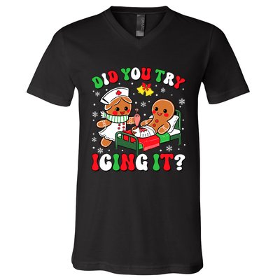 Did You Try Icing It Retro Christmas Gingerbread Nurse Squad V-Neck T-Shirt