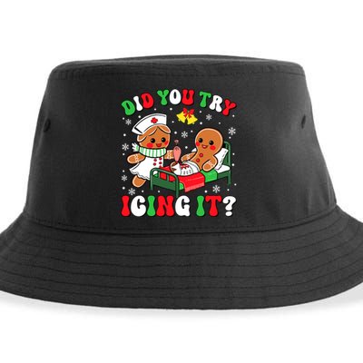 Did You Try Icing It Retro Christmas Gingerbread Nurse Squad Sustainable Bucket Hat