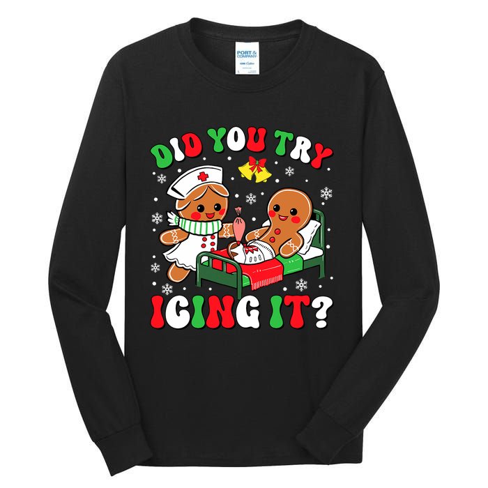 Did You Try Icing It Retro Christmas Gingerbread Nurse Squad Tall Long Sleeve T-Shirt