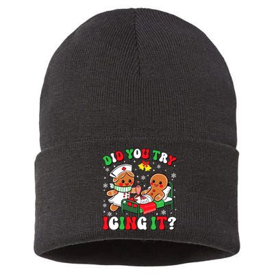 Did You Try Icing It Retro Christmas Gingerbread Nurse Squad Sustainable Knit Beanie