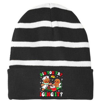 Did You Try Icing It Retro Christmas Gingerbread Nurse Squad Striped Beanie with Solid Band