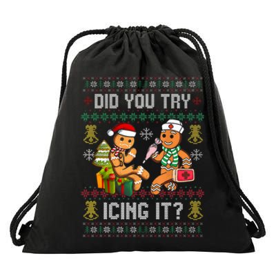 Did You Try Icing It Retro Christmas Gingerbread Nurse Squad Drawstring Bag