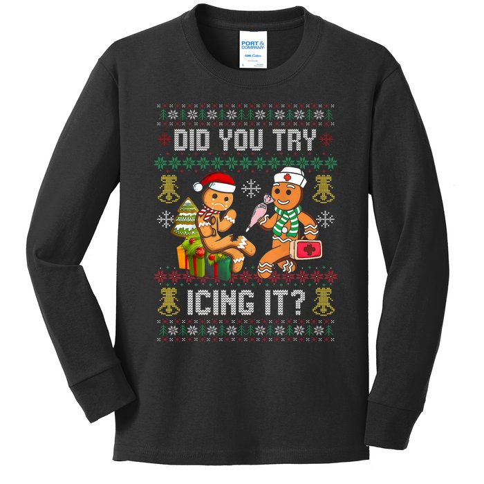 Did You Try Icing It Retro Christmas Gingerbread Nurse Squad Kids Long Sleeve Shirt