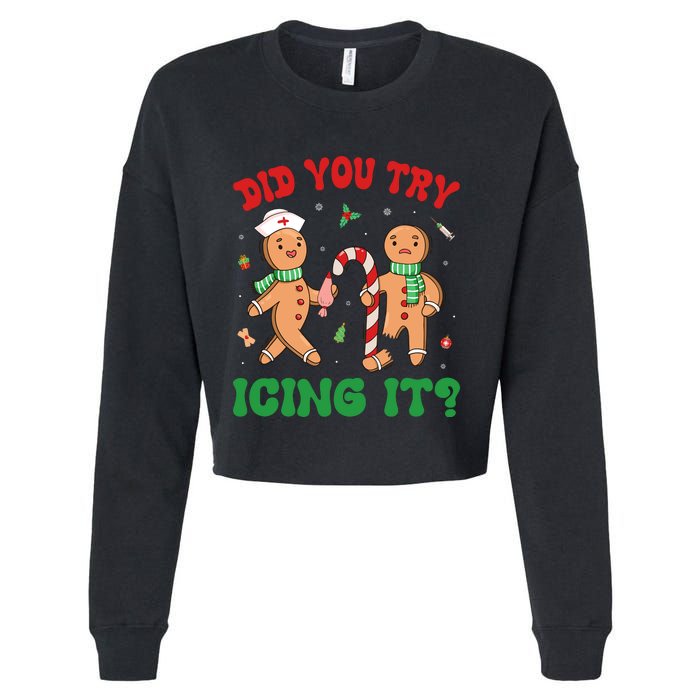 Did You Try Icing It Retro Christmas Gingerbread Nurse Squad Cropped Pullover Crew