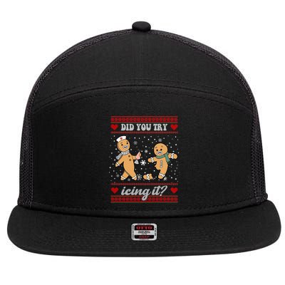 Did You Try Icing It Funny Christmas Gingerbread Cookie 7 Panel Mesh Trucker Snapback Hat