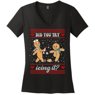 Did You Try Icing It Funny Christmas Gingerbread Cookie Women's V-Neck T-Shirt