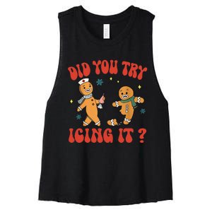 Did You Try Icing It Funny Christmas Nurse Gingerbread Man Women's Racerback Cropped Tank