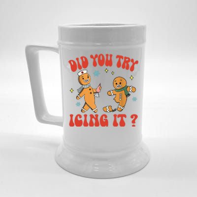 Did You Try Icing It Funny Christmas Nurse Gingerbread Man Beer Stein