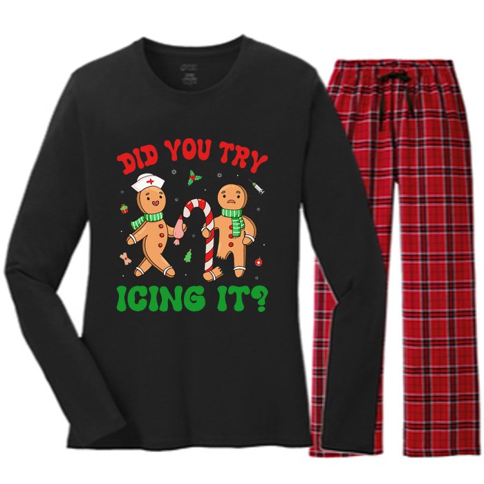 Did You Try Icing It Retro Christmas Gingerbread Nurse Squad Women's Long Sleeve Flannel Pajama Set 