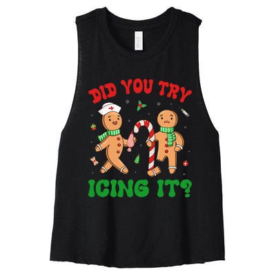 Did You Try Icing It Retro Christmas Gingerbread Nurse Squad Women's Racerback Cropped Tank