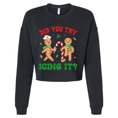 Did You Try Icing It Retro Christmas Gingerbread Nurse Squad Cropped Pullover Crew