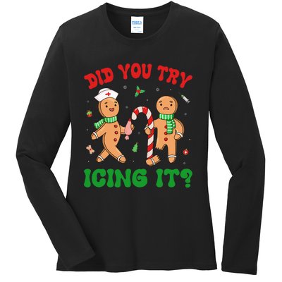 Did You Try Icing It Retro Christmas Gingerbread Nurse Squad Ladies Long Sleeve Shirt