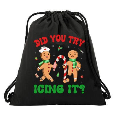 Did You Try Icing It Retro Christmas Gingerbread Nurse Squad Drawstring Bag