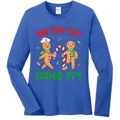 Did You Try Icing It Retro Christmas Gingerbread Nurse Squad Ladies Long Sleeve Shirt