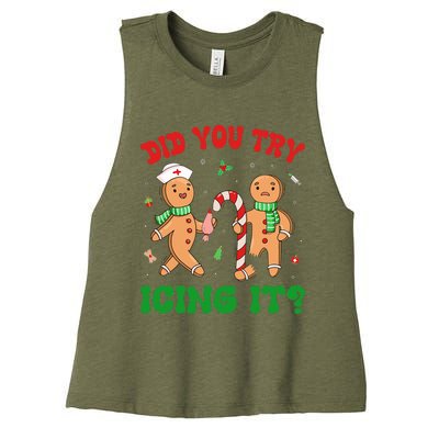 Did You Try Icing It Retro Christmas Gingerbread Nurse Squad Women's Racerback Cropped Tank