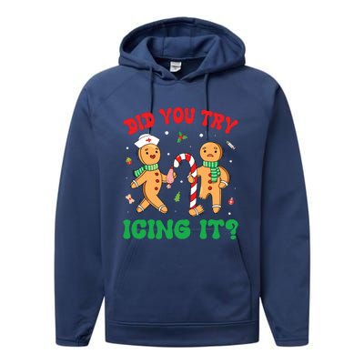 Did You Try Icing It Retro Christmas Gingerbread Nurse Squad Performance Fleece Hoodie