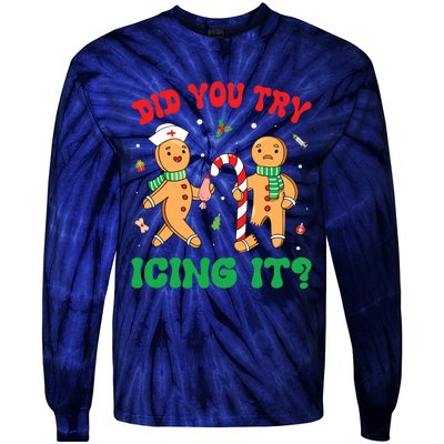 Did You Try Icing It Retro Christmas Gingerbread Nurse Squad Tie-Dye Long Sleeve Shirt