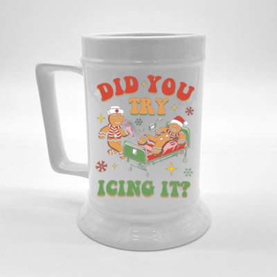 Did You Try Icing It Gingerbread Nurse Christmas Holiday Gift Beer Stein