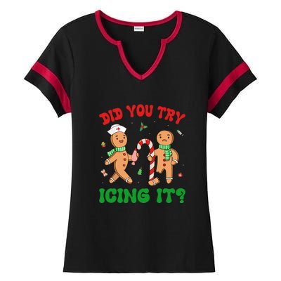 Did You Try Icing It Retro Christmas Gingerbread Nurse Squad Gift Ladies Halftime Notch Neck Tee