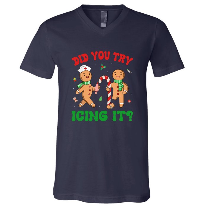 Did You Try Icing It Retro Christmas Gingerbread Nurse Squad Gift V-Neck T-Shirt