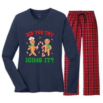 Did You Try Icing It Retro Christmas Gingerbread Nurse Squad Gift Women's Long Sleeve Flannel Pajama Set 