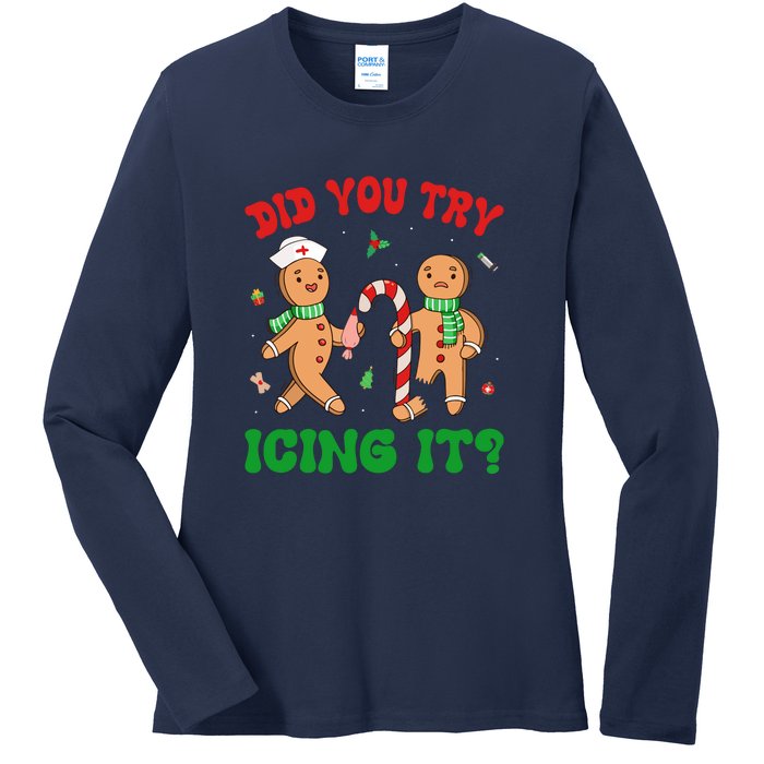 Did You Try Icing It Retro Christmas Gingerbread Nurse Squad Gift Ladies Long Sleeve Shirt