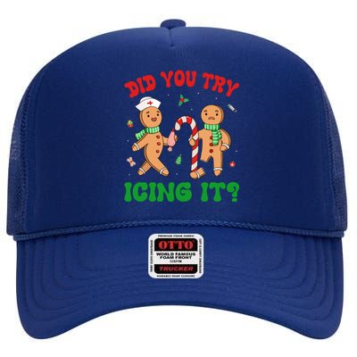 Did You Try Icing It Retro Christmas Gingerbread Nurse Squad Gift High Crown Mesh Back Trucker Hat