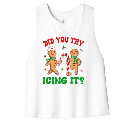 Did You Try Icing It Retro Christmas Gingerbread Nurse Squad Gift Women's Racerback Cropped Tank