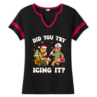 Did You Try Icing It Funny Christmas Gingerbread Nurse Squad Gift Ladies Halftime Notch Neck Tee