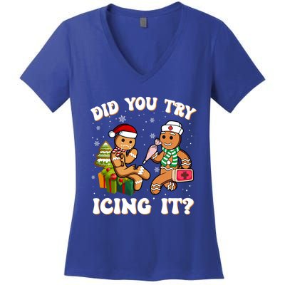 Did You Try Icing It Funny Christmas Gingerbread Nurse Squad Gift Women's V-Neck T-Shirt